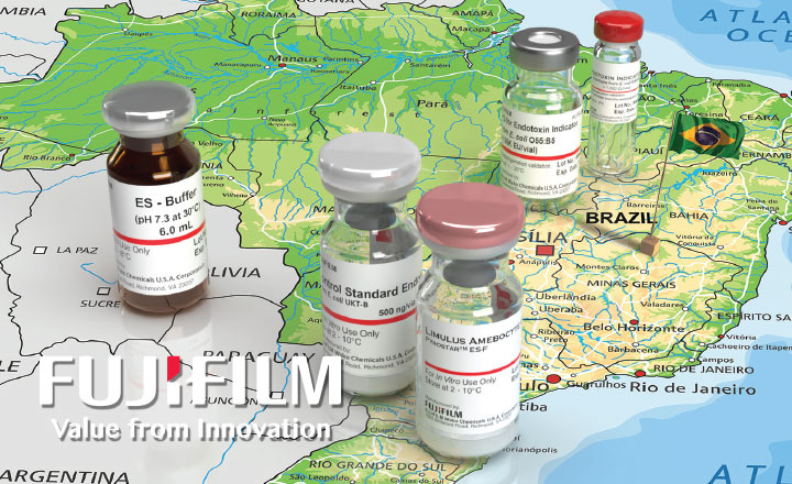小瓶富士瓦科美国内毒素检测试剂放置在巴西地图
